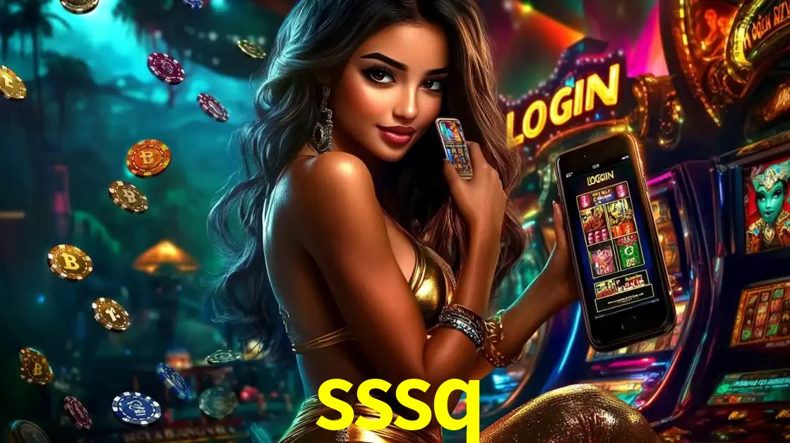 Mulher em um cenário de cassino temático de aventura, mostrando o app de caça-níqueis da sssq no celular. Fichas de apostas flutuam ao redor.