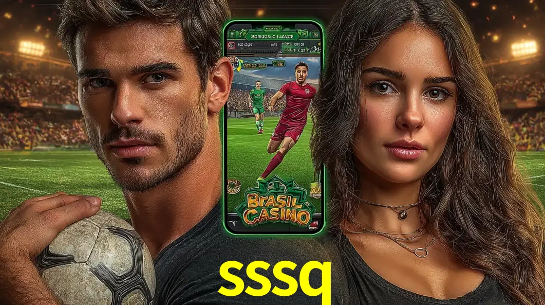 Homem segurando uma bola de futebol e uma mulher ao lado de um smartphone exibindo o jogo de apostas esportivas da sssq. Faça seu palpite no cassino online.